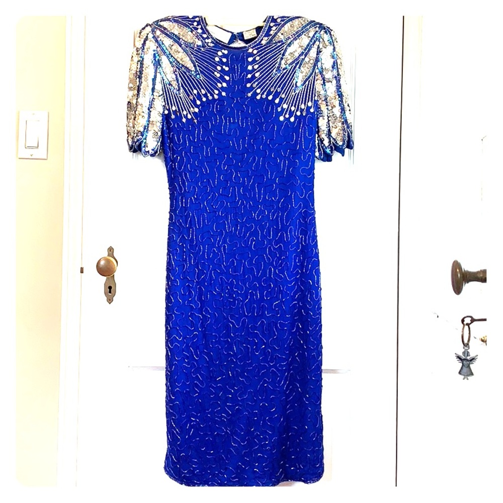Royal Blue and Silver vintage beaded Cocktail Dress